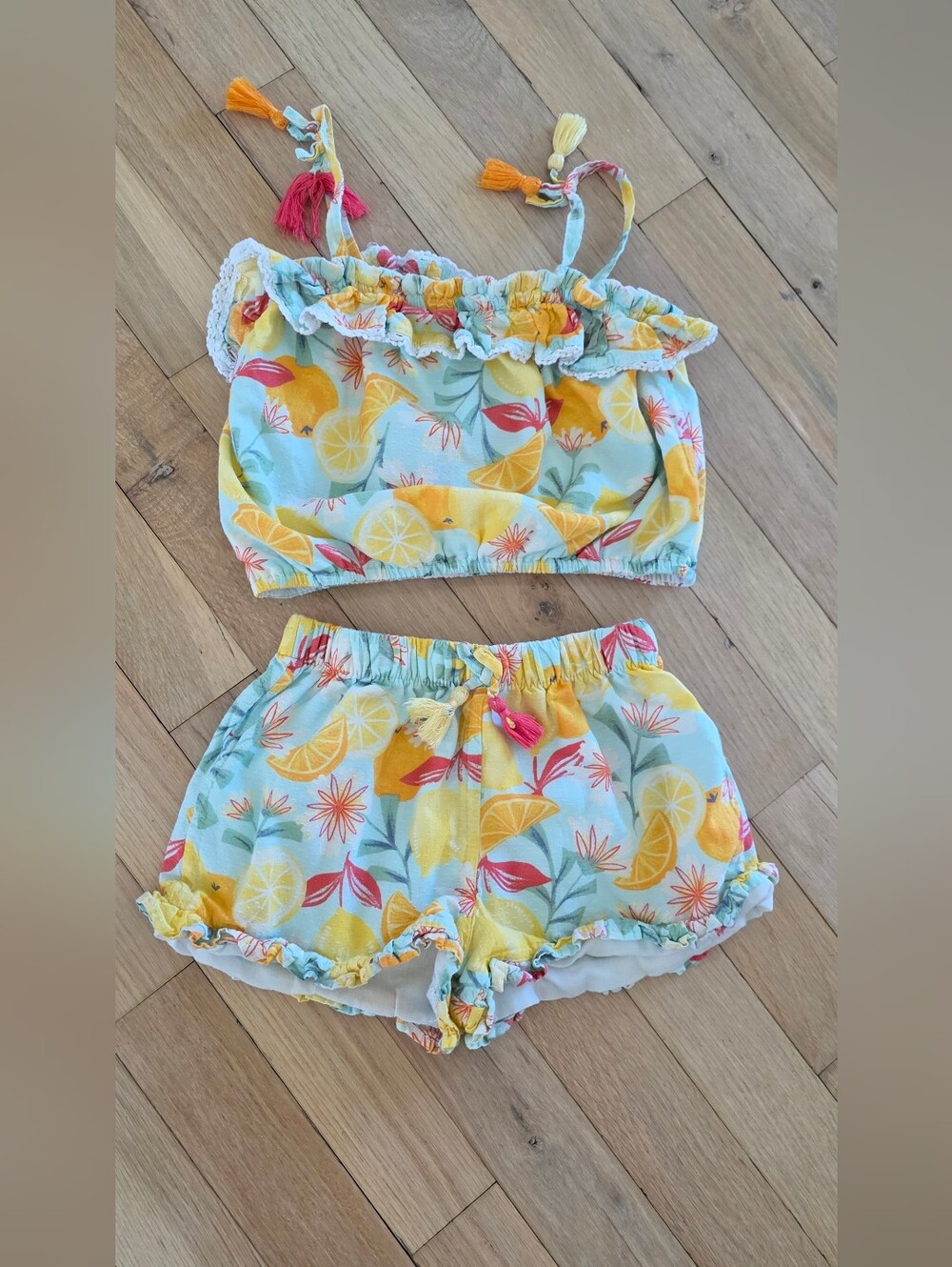 Girls Lemon Print Two-Piece Tank & Shorts Set - Yellow/Blue